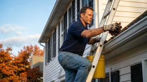 Professional gutter cleaning technician removing autumn leaves from a New England colonial home